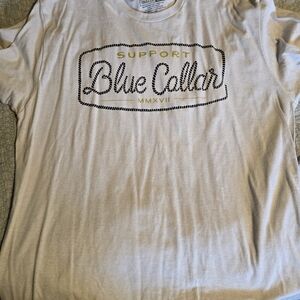 White Graphic T-Shirt with Blue Collar Print